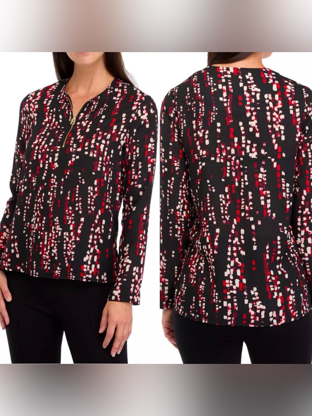 Halston Women’s “H” Black Multi-Color 1/4 Zip Long Sleeve Top-XL-EC